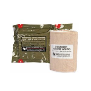 A packaged military-style bandage and elastic wrap.