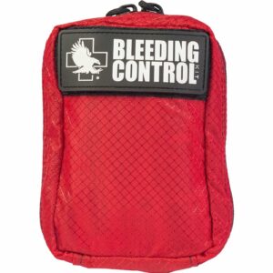 Red bleeding control first aid pouch with patch.